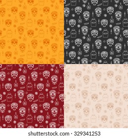 Set of 4 colorful seamless patterns with skulls, tombstones, tequila, flowers and candles for Dia de los mueros (Day of the dead) and Halloween. Vector eps10.