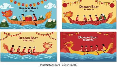Set of 4 colorful vector banners celebrating the Dragon Boat Festival (Duanwu Jie). Features dragon boats racing, Zongzi, lanterns and festive decor. Ideal for web graphics and greetings.