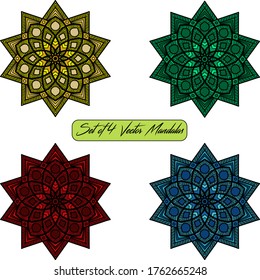 Set of 4 colorful vector mandala on white background. Round abstract ethnic oriental ornaments.