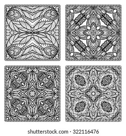 Set of 4 coloring book square page in borders.  For adults and older children. Carpet pattern. in zentangle style