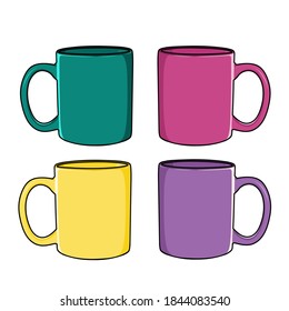 set 4 colors coffee mug cup with white background. Vector Illustration.