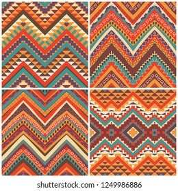 Set of 4 colourful ethnic patterns, seamless background, vector illustration