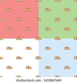 Set of 4 colours seamless pattern lazy corgi puppy sleeping cartoon, vector illustration