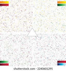 Set of 4 colours triangle shape dual tones random size seamless pattern red blue yellow green on white background. Simple graphic design. Vector illustration. 