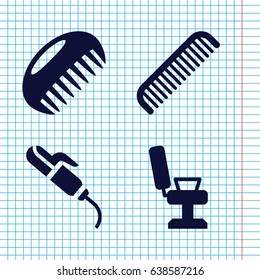 Set of 4 comb filled icons such as comb, barber chair