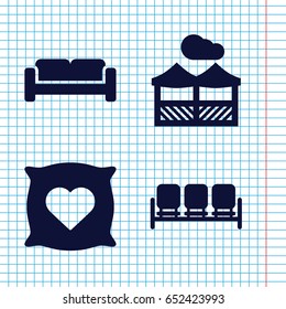 Set of 4 comfortable filled icons such as sofa, pillow with heart on it