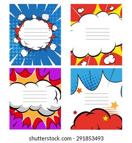 Set of 4 comics book design element. Vector illustration. Notebook, card, placard, banner design