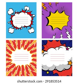 Set of 4 comics book design element. Vector illustration. Notebook, card, placard, banner design