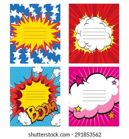 Conjunto de 4 elementos de diseño de historietas. Ilustración vectorial. Diseño de portátiles, tarjetas, carteles y pancartas