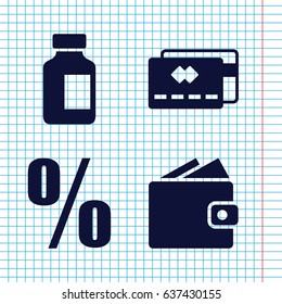 Set of 4 commerce filled icons such as medical bottle, percent, credit card
