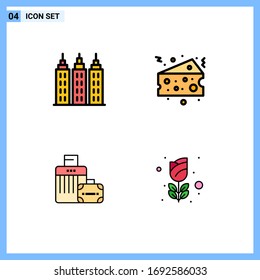 Set of 4 Commercial Filledline Flat Colors pack for building; handbag; cake; food; flower Editable Vector Design Elements
