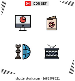 Set of 4 Commercial Filledline Flat Colors pack for computer; chess; money; card; international Editable Vector Design Elements