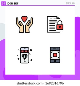 Set of 4 Commercial Filledline Flat Colors pack for care; diamond; data; padlock; camera Editable Vector Design Elements