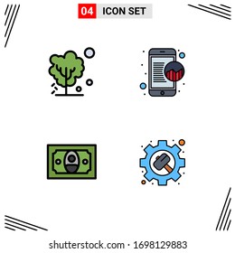 Set aus 4 Flat Colors Packungen mit handelsüblicher Fülllinie zum Trocknen; Bargeld; Baum; mobil; Bearbeitbare Vektorillustration-Design-Elemente