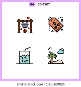 Conjunto de 4 paquetes comerciales de colores planos de línea de llenado para hogueras; cóctel; cocinar; etiqueta ecológica; elementos de diseño de vectores editables de soda