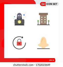 Conjunto de 4 Iconos planos comerciales para detectives; flecha; robo; frente de tienda; rotar elementos de diseño de vectores editables