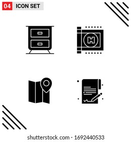 Set of 4 Commercial Solid Glyphs pack for drawer; document; hospital; map; money Editable Vector Design Elements