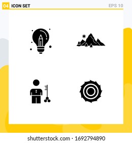 Conjunto de 4 glifos sólidos comerciales para bombilla; árbol; diseño; paisaje; elementos de diseño de vectores editables clave