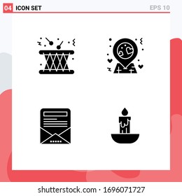Set of 4 Commercial Solid Glyphs pack for drum; email newsletter; instrument; love; candle Editable Vector Design Elements