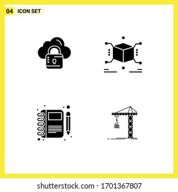 Set of 4 Commercial Solid Glyphs pack for cloud; moleskin; locked; puzzle; notebook Editable Vector Design Elements