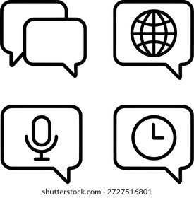 Set of 4 communication line icons with speech bubbles, world globe, microphone, and clock for global support and messaging.