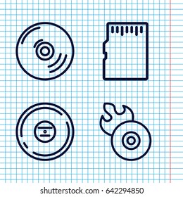 Set of 4 compact outline icons such as disc flame, cd