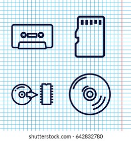 Set of 4 compact outline icons such as cassette, disc, memory card