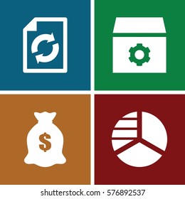 Set of 4 Company filled icons such as pie chart, money sack, gear