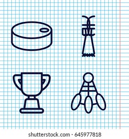 Set of 4 competitive outline icons such as trophy, hockey puck, shuttlecock
