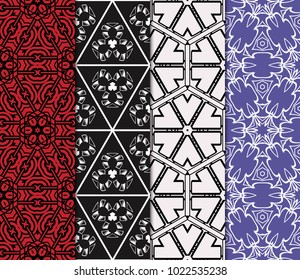 set of 4 complex geometric ornament. sophisticated geometric pattern based on repetitive simple forms. vector illustration