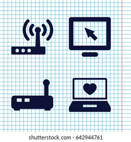 Set of 4 computer filled icons such as laptop with heart, router