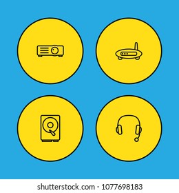 Set of 4 computer icons line style set. Collection of hard drive, headset, router and other elements.