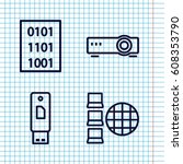 Set of 4 computer outline icons such as binary code, router, usb drive