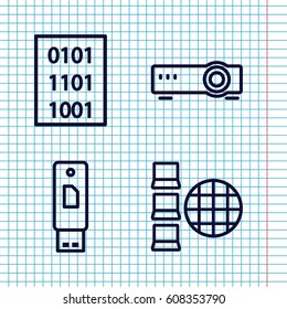Set of 4 computer outline icons such as binary code, router, usb drive