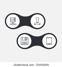 Set Of 4 Computer Outline Icons Set.Collection Of Gamepad, Server, Floppy And Other Elements.
