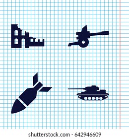 Set of 4 conflict filled icons such as rocket bomb, cannon, tank