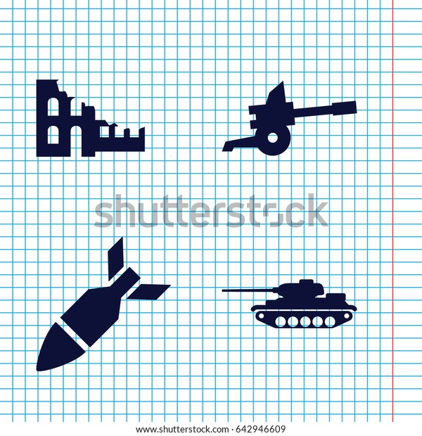 Set of 4 conflict filled icons such as rocket bomb,\
cannon, tank