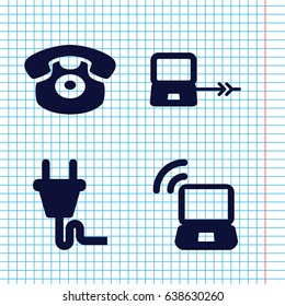 Set of 4 connect filled icons such as laptop connection, desk phone, plug