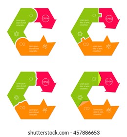 Set of 4 connected hexagonal infographic diagrams. Isolated arrow chart templates with 3 parts. Paper progress steps for tutorial with three options. Concept of sequence banners.