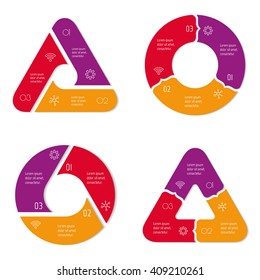 Set of 4 connected triangular infographic diagram. Circular charts with 3 options. Paper progress steps for tutorial with 3 parts. Isolated business concept sequence banners. EPS10 workflow layouts.