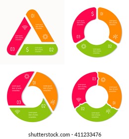 Set of 4 connected triangular infographic diagram. Circular charts with 3 options. Paper progress steps for tutorial with 3 parts. Isolated business concept sequence banners. EPS10 workflow layouts.