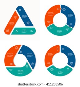 Set of 4 connected triangular infographic diagram. Circular charts with 3 options. Paper progress steps for tutorial with 3 parts. Isolated business concept sequence banners. EPS10 workflow layouts.