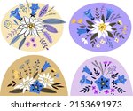Set of 4 conpositions with alpine flowers: edelweiss, gentian and others. Vector illustrations for cards, print, packaging, textile, apparel, embroidery.
