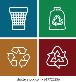 set of 4 conservation outline icons such as trash bag, trash bin