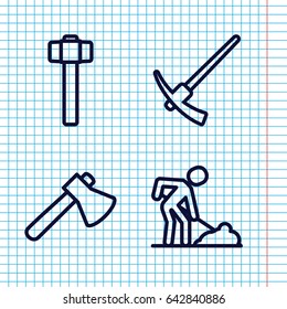 Set of 4 construct outline icons such as axe, digging man, garden hammer