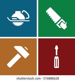 Set of 4 Construction filled icons such as screwdriver, hummer, saw