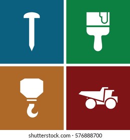Set of 4 Construction filled icons such as nail, hook, paint brush