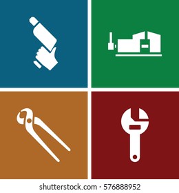 Set of 4 Construction filled icons such as wrench, nail gun, pliers
