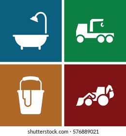 Set of 4 Construction filled icons such as shower, excavator, truck with hook
