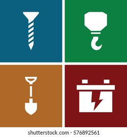 Set of 4 Construction filled icons such as screw, shovel, battery